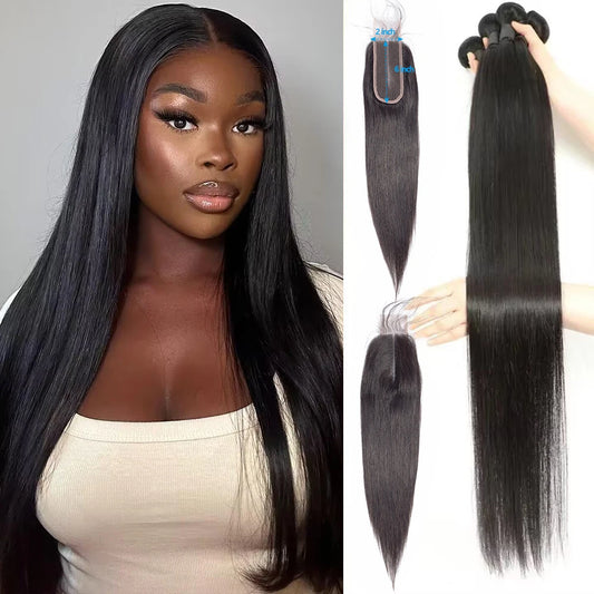 YOCYTU Human Hair Bundles With 2x6 Closure 26 26 26 Inch Straight Human Hair Bundles 12A Brazilian Weave Human Hair Bundles Raw Hair 100% Human Hair With 2x6 HD Lace Closure For Women 1-3 Days Fast Delivery France