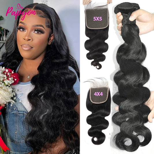 Human Hair Bundles With 5x5 Closure Brazilian Body Wave Bundles With Closure 4x4 Human Hair Weave Extensions 3/4 Bundles Remy