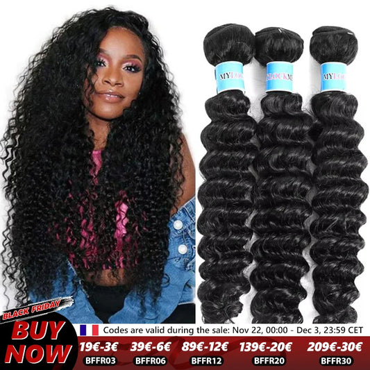 Mylockme Brazilian Hair Bundles Deep Wave Bundles Human Hair Weave Remy 1/3/4 Pcs/Lot Human Hair Bundles For Women Natural Color